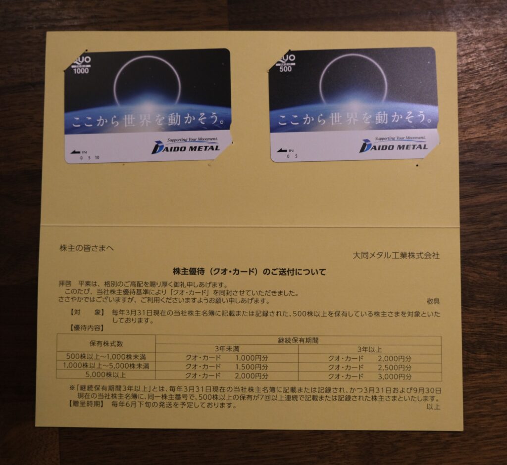 大同メタル工業 株主優待QUOカード2枚